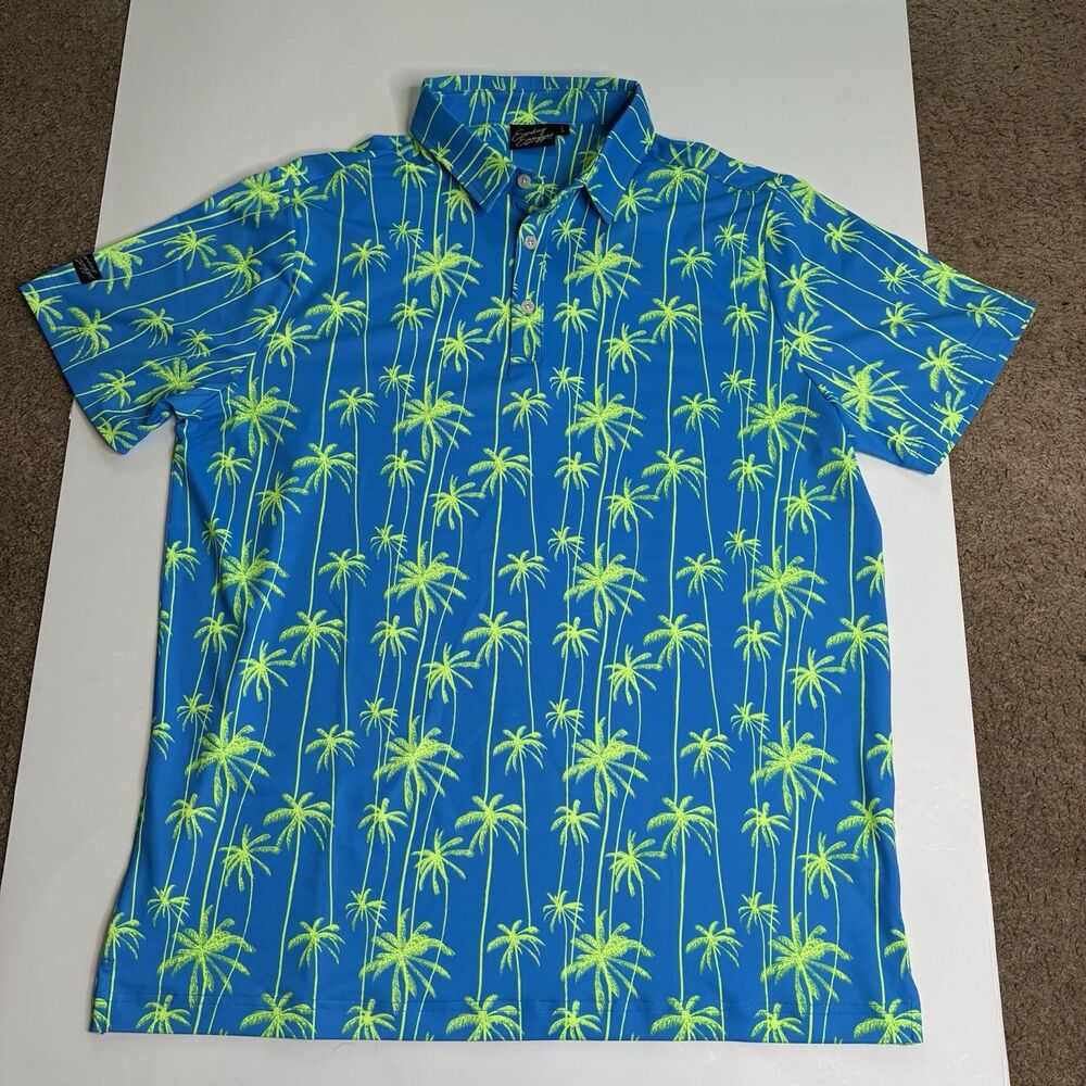 Sunday Swagger Polo Shirt Mens Blue With Lime Green Palm Trees Golf Performance
